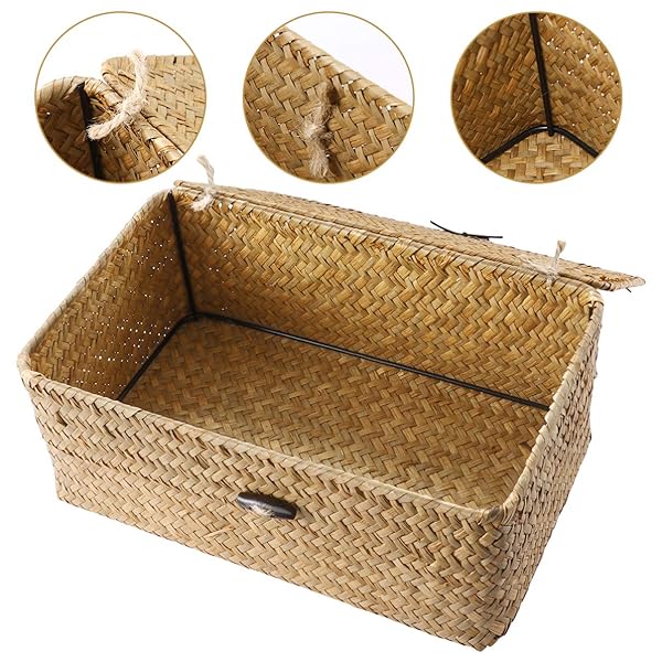 VOSAREA Vosarea Rattan Storage Basket - Hand-Woven 9-Inch Seaweed Container with Lid for Stylish Home Decor & Organization - View 6 of 11