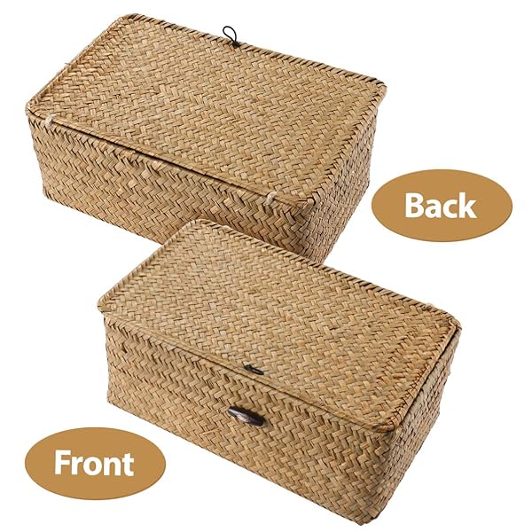 VOSAREA Vosarea Rattan Storage Basket - Hand-Woven 9-Inch Seaweed Container with Lid for Stylish Home Decor & Organization - View 7 of 11