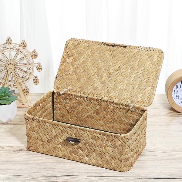VOSAREA Vosarea Rattan Storage Basket - Hand-Woven 9-Inch Seaweed Container with Lid for Stylish Home Decor & Organization - View 9 of 11