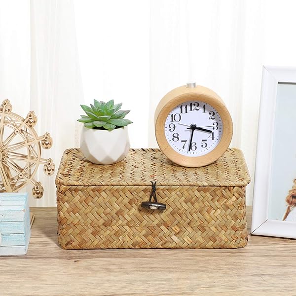 VOSAREA Vosarea Rattan Storage Basket - Hand-Woven 9-Inch Seaweed Container with Lid for Stylish Home Decor & Organization - View 10 of 11