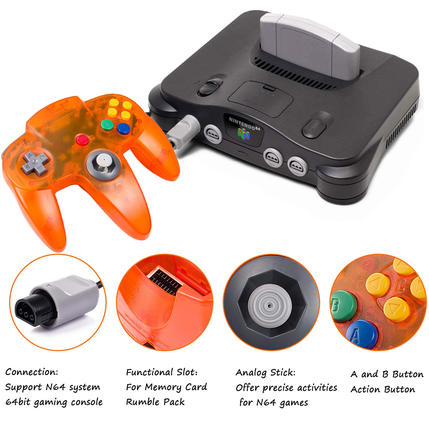 miadore Miadore Classic N64 Controller Joystick Remote Clear Orange for N64 Video Game System Console - View 3 of 8