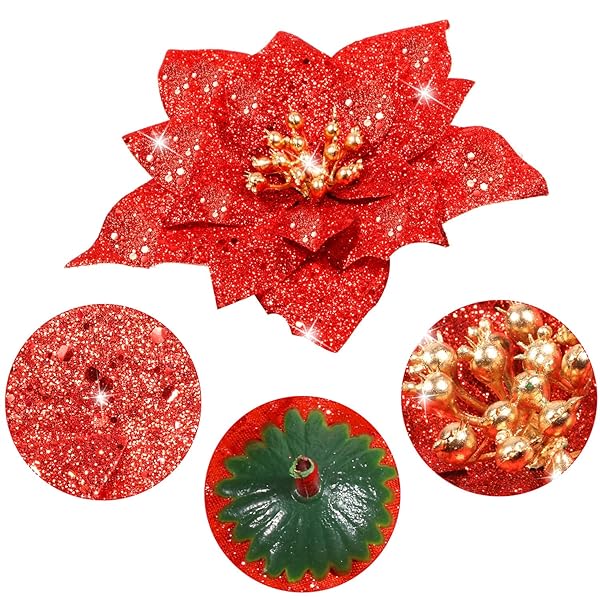 WILLBOND WILLBOND 36 Pieces Christmas Glitter Poinsettia Faux Flowers for Wedding Xmas Tree New Year Decorations Red - View 2 of 7