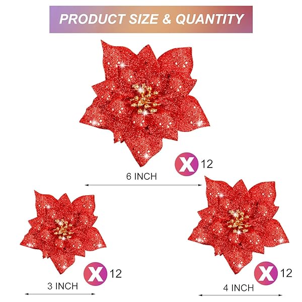WILLBOND WILLBOND 36 Pieces Christmas Glitter Poinsettia Faux Flowers for Wedding Xmas Tree New Year Decorations Red - View 3 of 7