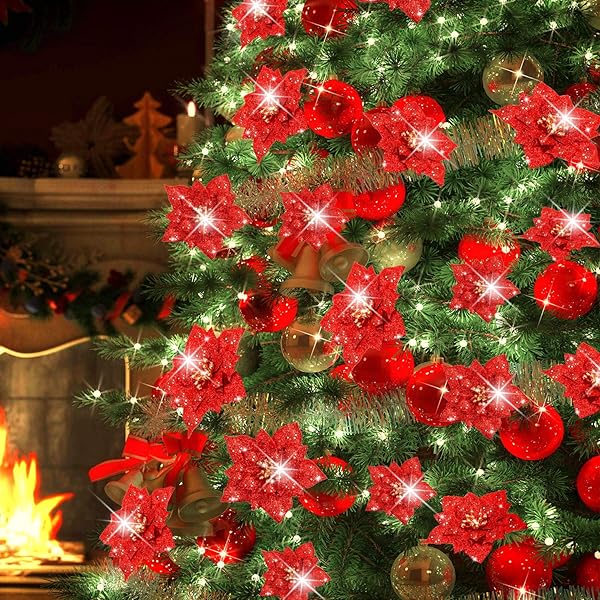 WILLBOND WILLBOND 36 Pieces Christmas Glitter Poinsettia Faux Flowers for Wedding Xmas Tree New Year Decorations Red - View 4 of 7