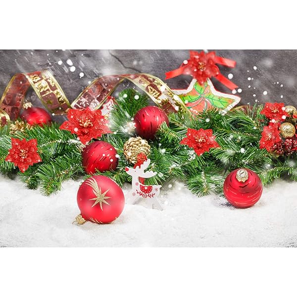 WILLBOND WILLBOND 36 Pieces Christmas Glitter Poinsettia Faux Flowers for Wedding Xmas Tree New Year Decorations Red - View 5 of 7