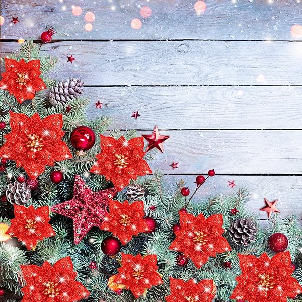 WILLBOND WILLBOND 36 Pieces Christmas Glitter Poinsettia Faux Flowers for Wedding Xmas Tree New Year Decorations Red - View 7 of 7