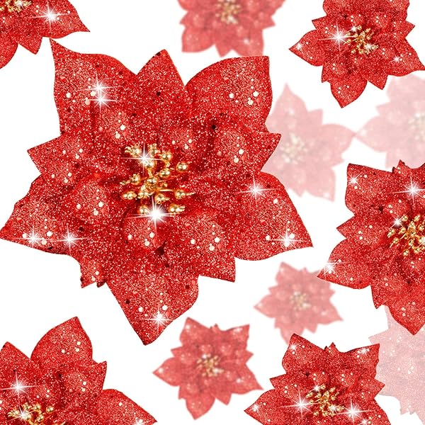 WILLBOND WILLBOND 36 Pieces Christmas Glitter Poinsettia Faux Flowers for Wedding Xmas Tree New Year Decorations Red