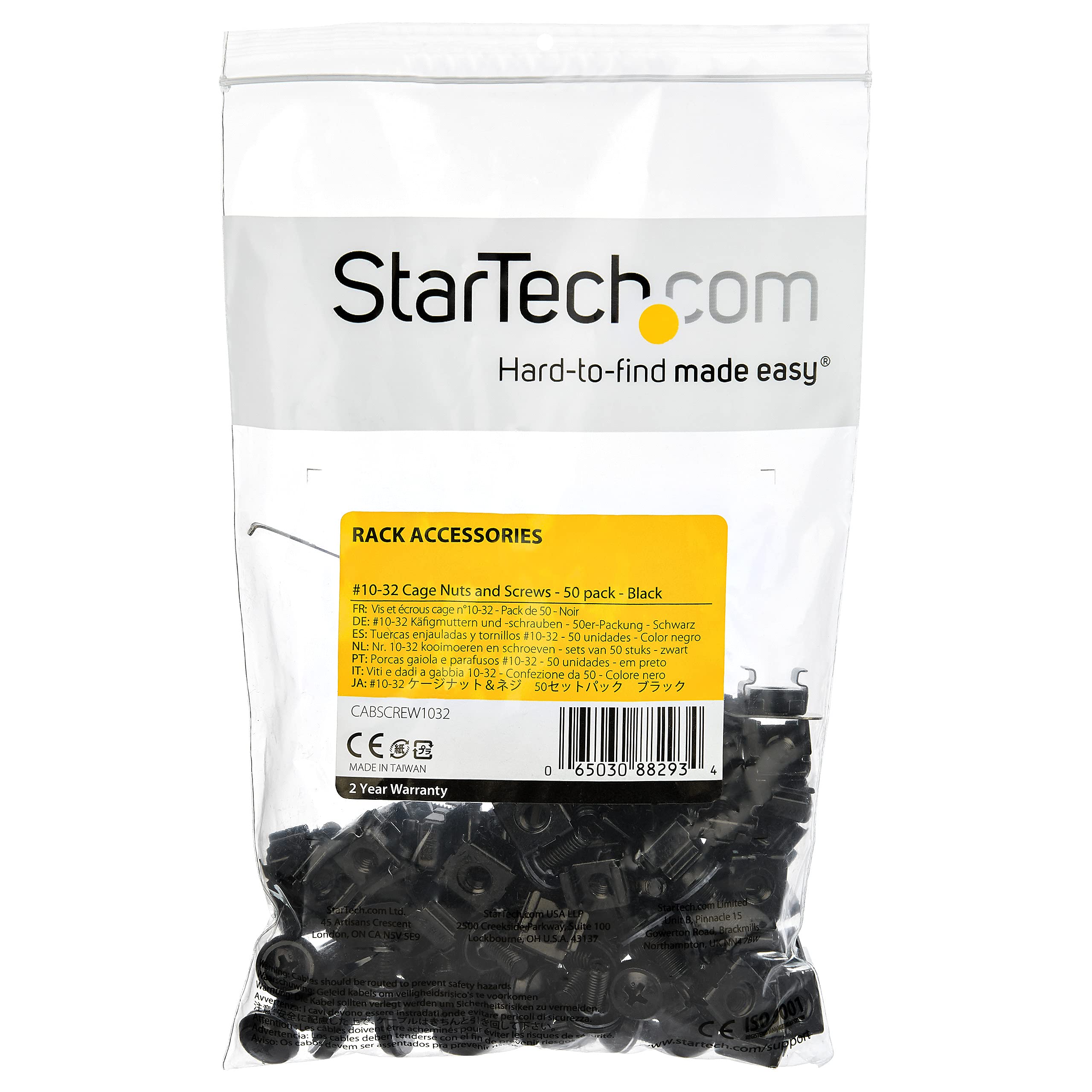 StarTech.com StarTech 50 Pack 10-32 Server Rack Cage Nuts Screws Washers Rack Mount Hardware Kit for Network IT Equipment Black TAA - View 6 of 6