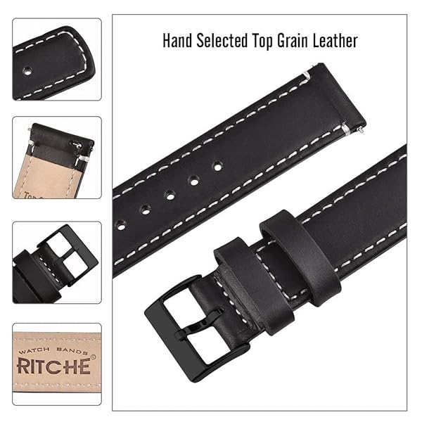 Ritche Ritche Christmas Gift 24mm Quick Release Vintage Leather Watch Bands for Men Genuine Black Straps Perfect for White Elephant and Stocking Stuffers - View 4 of 6