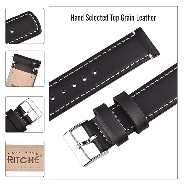 Ritche Ritche Christmas Gift 24mm Quick Release Vintage Leather Watch Bands for Men Genuine Black Straps Perfect for White Elephant and Stocking Stuffers - View 4 of 6