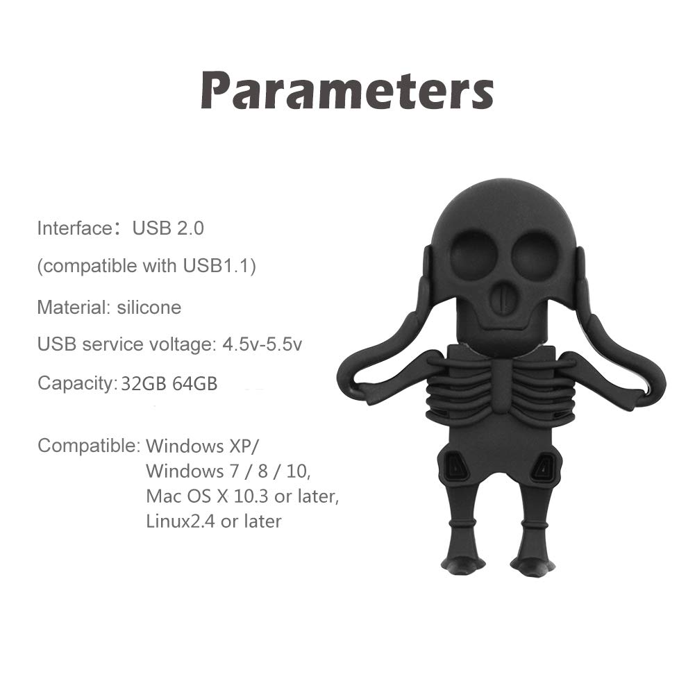 BORLTER CLAMP 64GB Cartoon Skeleton USB Flash Drive Cool Thumb Drive Memory Stick Great Gift for Tech Lovers Black - View 4 of 7