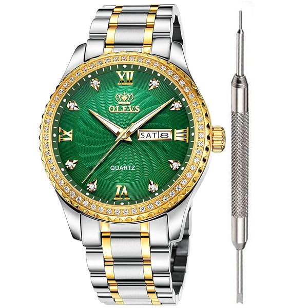 OLEVS OLEVS Mens Green Dial Diamond Watch Waterproof Classic Casual Analog Quartz Stainless Steel Wrist Watch for Men