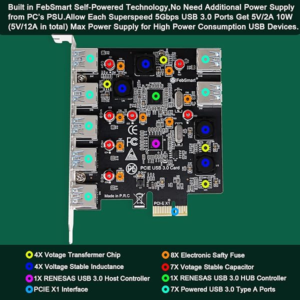FebSmart FebSmart 7 Port USB 3.0 Expansion Card 5Gbps for Windows 11 10 8 7 Vista XP Desktop PCs Self Powered Technology FS-U7-Pro - View 5 of 10