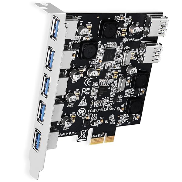 FebSmart FebSmart 7 Port USB 3.0 Expansion Card 5Gbps for Windows 11 10 8 7 Vista XP Desktop PCs Self Powered Technology FS-U7-Pro