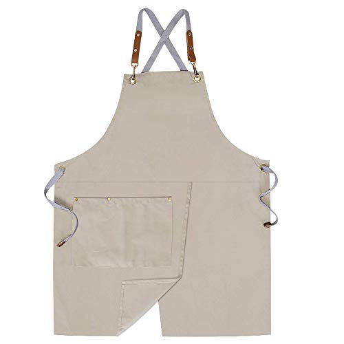 Mignongirl Mignongirl Crossback Apron with Pockets Adjustable Straps M-XXL Beige for Kitchen Cooking and Crafting