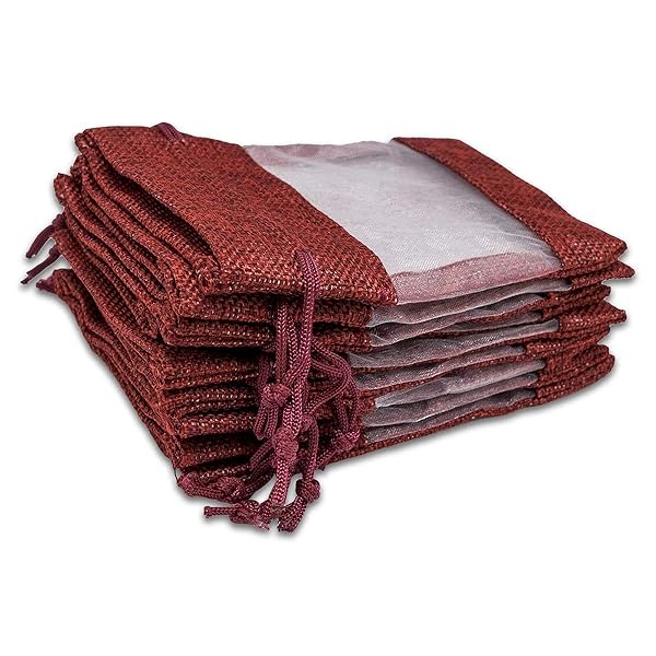 TheDisplayGuys For Your Modern Living TheDisplayGuys 12 Pack Maroon 7.5x11.5 Linen Burlap and Sheer Organza Gift Bags with Drawstring for Party Favors and Treats - View 5 of 6