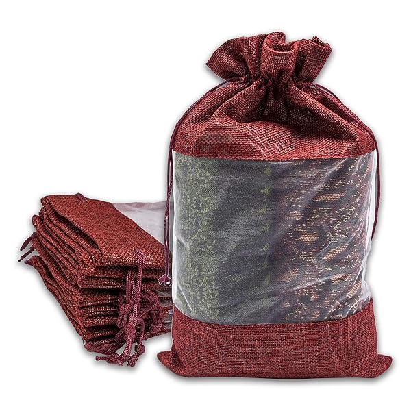 TheDisplayGuys 12 Pack Maroon 7.5x11.5 Linen Burlap and Sheer Organza Gift Bags with Drawstring for Party Favors and Treats