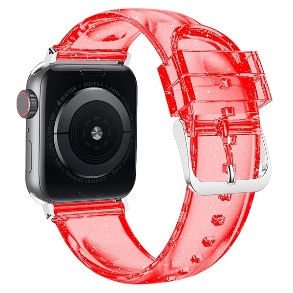 iiteeology iiteeology Soft Glitter Clear Apple Watch Band 46mm 45mm 44mm 42mm for Women Series 1-10 Red Silver - View 2 of 8