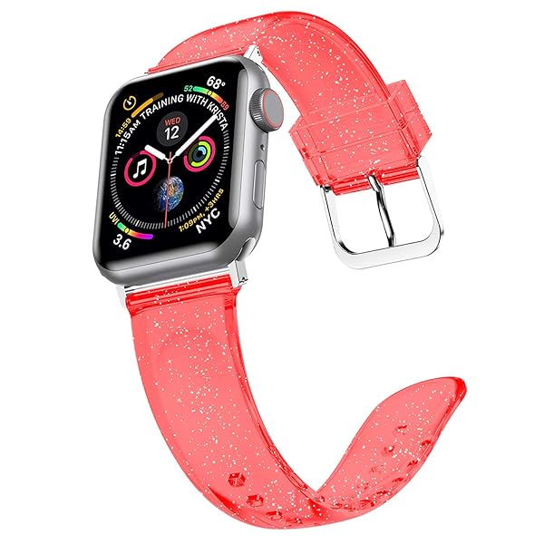iiteeology iiteeology Soft Glitter Clear Apple Watch Band 46mm 45mm 44mm 42mm for Women Series 1-10 Red Silver - View 3 of 8