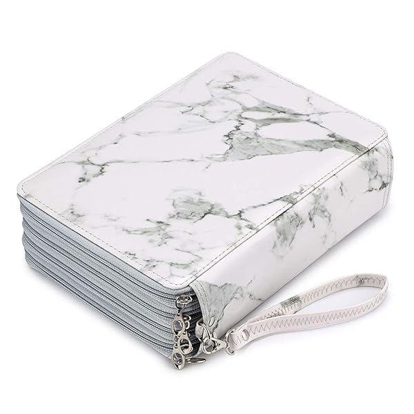 BTSKY BTSKY 200 Slots Colored Pencil Organizer Deluxe PU Leather Case with Handle for Colored and Watercolor Pencils White Marble Design