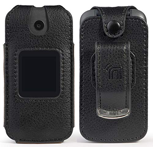 Nakedcellphone Alcatel Smartflip Go Flip 3 Case Black Vegan Leather Form Fit Cover with Built in Screen Protection and Metal Belt Clip - View 2 of 9