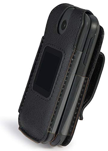 Nakedcellphone Alcatel Smartflip Go Flip 3 Case Black Vegan Leather Form Fit Cover with Built in Screen Protection and Metal Belt Clip - View 6 of 9