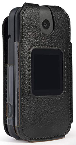 Nakedcellphone Alcatel Smartflip Go Flip 3 Case Black Vegan Leather Form Fit Cover with Built in Screen Protection and Metal Belt Clip - View 8 of 9