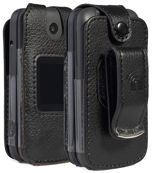 Alcatel Smartflip Go Flip 3 Case Black Vegan Leather Form Fit Cover with Built in Screen Protection and Metal Belt Clip