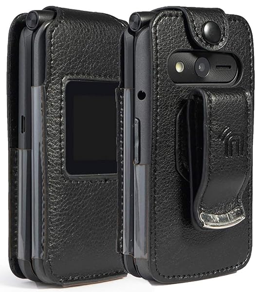 Black Vegan Leather Case for eTALK Phone with Built-in Screen Protection and Metal Belt Clip for Kazuna Freetel Verizon Flip Phone