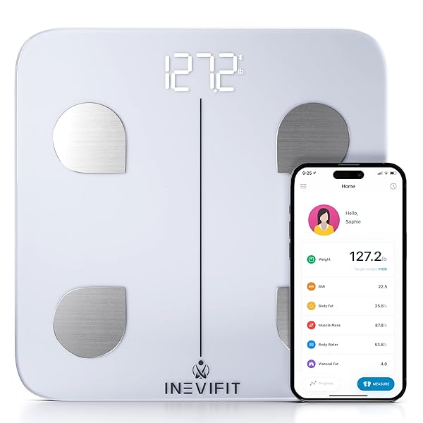 INEVIFIT INEVIFIT Smart Body Fat Scale, Highly Accurate Bluetooth Digital Bathroom Body Composition Analyzer, Measures Weight, Body Fat, Water, Muscle, Visceral Fat & Bone Mass for Unlimited Users (White)