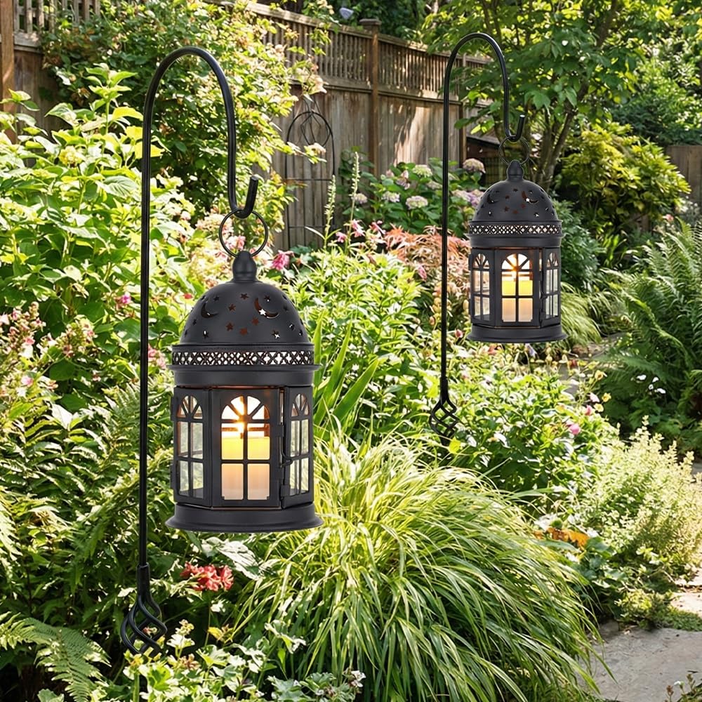 JHY DESIGN "JHY DESIGN Set of 2 Vintage Hanging Lanterns - 8.5" Metal Candle Holders for Indoor/Outdoor Events & Weddings (Black)" - View 2 of 7
