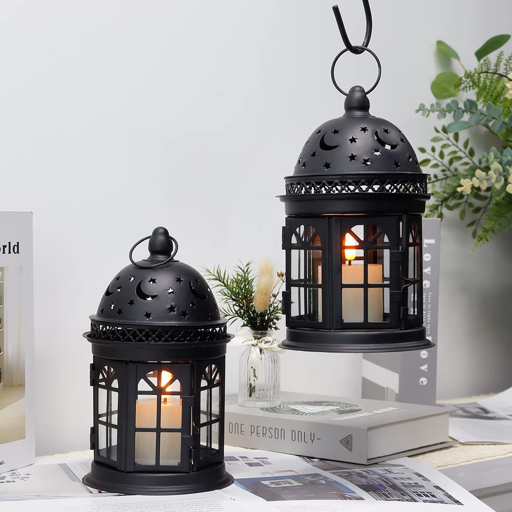JHY DESIGN "JHY DESIGN Set of 2 Vintage Hanging Lanterns - 8.5" Metal Candle Holders for Indoor/Outdoor Events & Weddings (Black)" - View 5 of 7