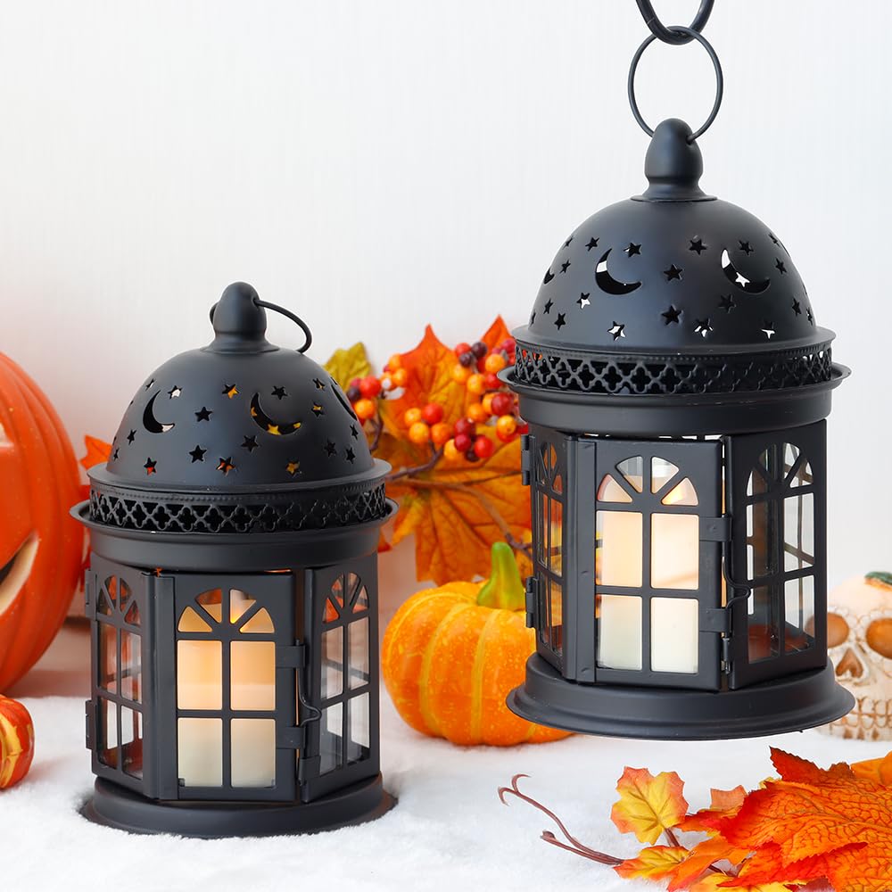 JHY DESIGN "JHY DESIGN Set of 2 Vintage Hanging Lanterns - 8.5" Metal Candle Holders for Indoor/Outdoor Events & Weddings (Black)" - View 6 of 7