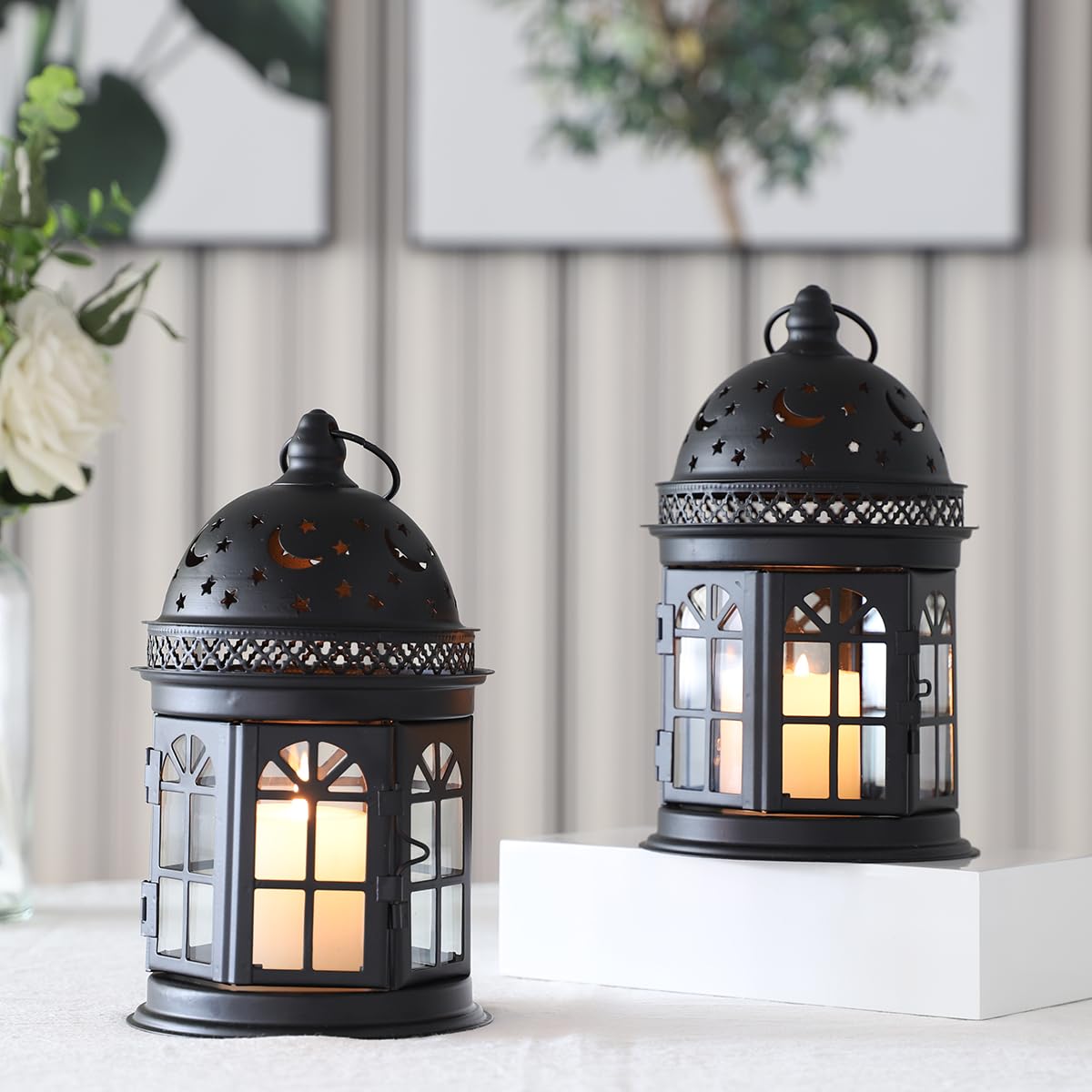 JHY DESIGN "JHY DESIGN Set of 2 Vintage Hanging Lanterns - 8.5" Metal Candle Holders for Indoor/Outdoor Events & Weddings (Black)"