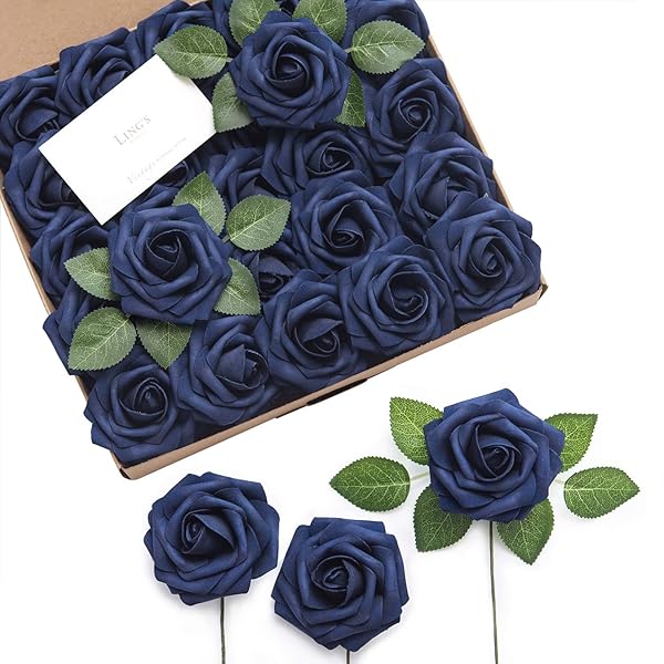 Ling's moment Ling's Moment 50Pcs Navy Blue Artificial Roses Real Touch Foam Flowers for Wedding Decor Centerpieces and Party Backdrop