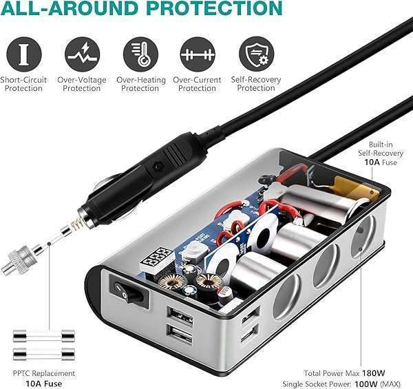 OOWOLF OOWOLF 180W Quick Charge 3.0 Car Power Adapter: 3-Socket & 4 USB Ports for GPS, Dash Cam, Phone & Tablet - View 5 of 8