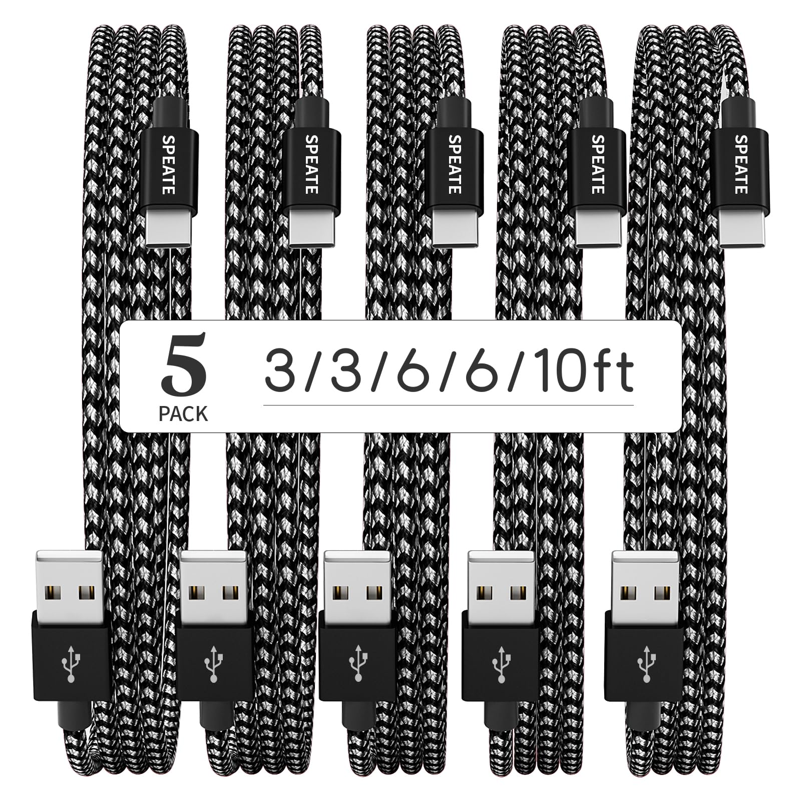 SPEATE SPEATE USB C Cable 5-Pack Premium Nylon Braided Charger Cable for Phone iPad Galaxy S Note Google Pixel and More Black Gray