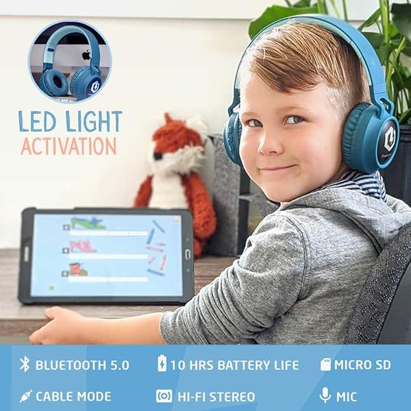 PowerLocus PowerLocus Bluetooth Headphones for Kids: Wireless, Foldable, LED, Volume Limited Over-Ear Headset with Mic for Phones & Tablets - View 3 of 10