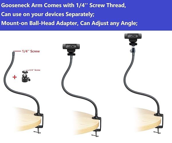 AceTaken Flexible AceTaken Webcam Mount: Gooseneck Arm Clamp for Logitech C920, C922, C930, Brio - 25 Inch Tripod Stand - View 6 of 10