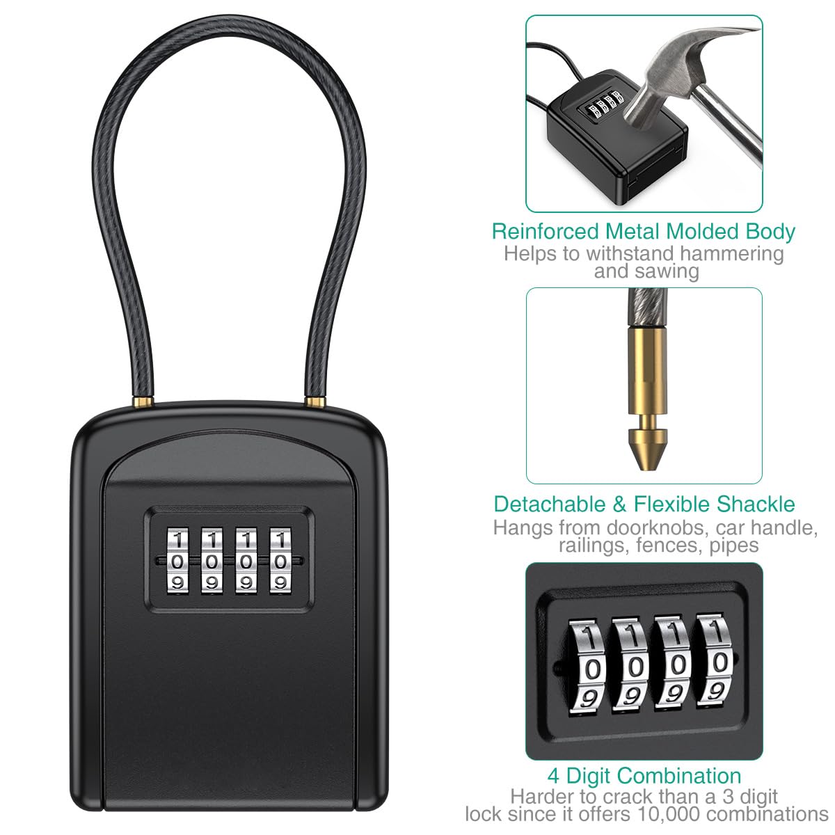 ORIA Key Lock Box 4 Digit Combination Key Safe for 5 Keys Indoor Outdoor Removable Shackle Black 3.66in - View 3 of 8