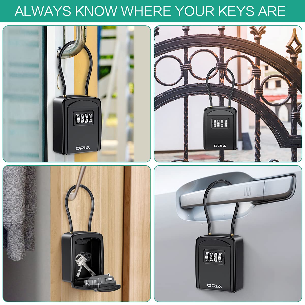 ORIA Key Lock Box 4 Digit Combination Key Safe for 5 Keys Indoor Outdoor Removable Shackle Black 3.66in - View 5 of 8