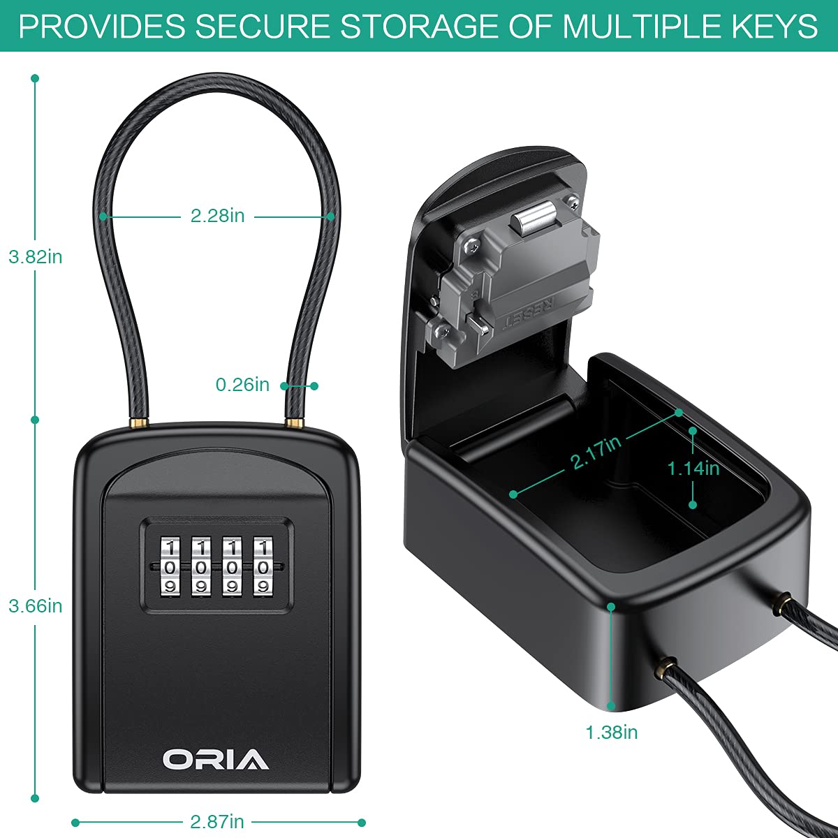 ORIA Key Lock Box 4 Digit Combination Key Safe for 5 Keys Indoor Outdoor Removable Shackle Black 3.66in - View 6 of 8
