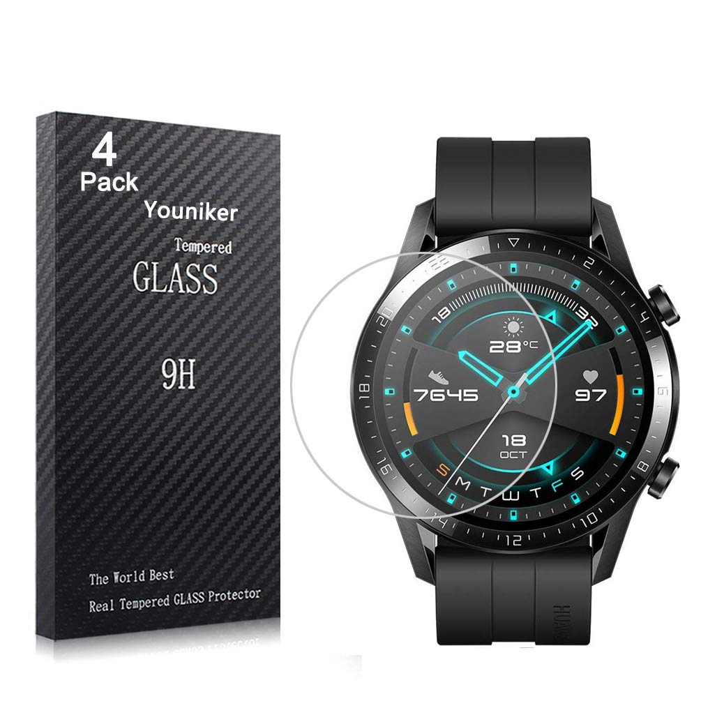 Youniker 4 Pack Tempered Glass Screen Protectors for Huawei Watch GT2 46mm Anti-Scratch Bubble Free 9H 0.3MM Smartwatch Cover