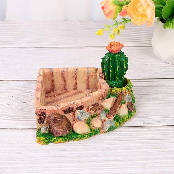 POPETPOP POPETPOP Reptile Resin Corner Water Dish for Tortoise Lizard Bearded Dragon Frog Gecko Snake Chameleon Cactus Design - View 6 of 9
