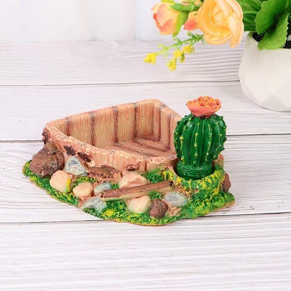 POPETPOP POPETPOP Reptile Resin Corner Water Dish for Tortoise Lizard Bearded Dragon Frog Gecko Snake Chameleon Cactus Design - View 7 of 9