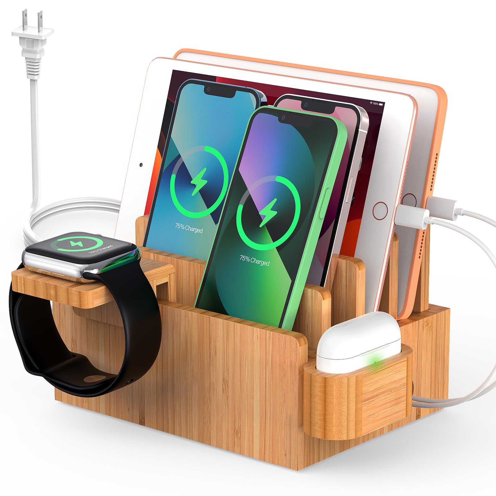 Pezin & Hulin Pezin & Hulin Bamboo Charging Station: 5-Port USB Organizer for Phones, Tablets, Watches & Earbuds