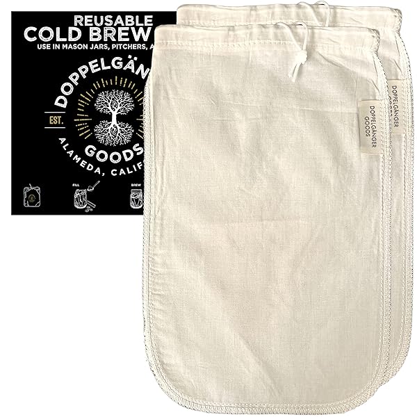 Doppeltree Organic Cotton Cold Brew Coffee Bag 2-Pack Medium 8in x 12in Reusable Filter with EasyOpen Drawstring for Pitchers Mason Jars Toddy Systems