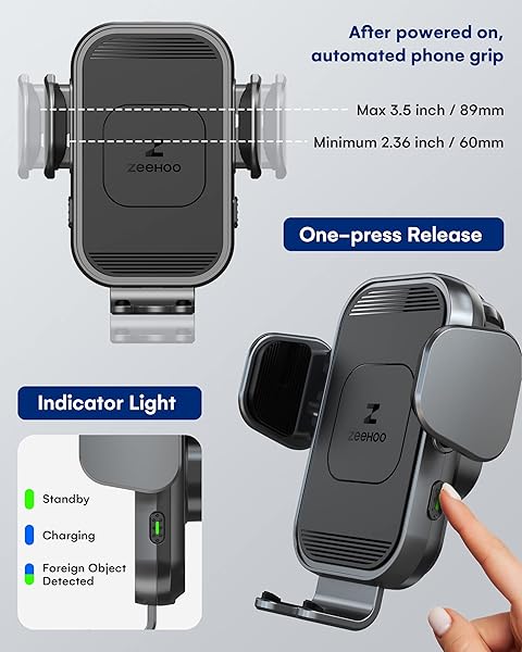ZEEHOO ZEEHOO Wireless Car Charger 15W Fast Charging Auto Clamping Phone Mount for iPhone 15 14 13 12 11 Pro Max Samsung Galaxy S23 S22 Grey - View 3 of 7