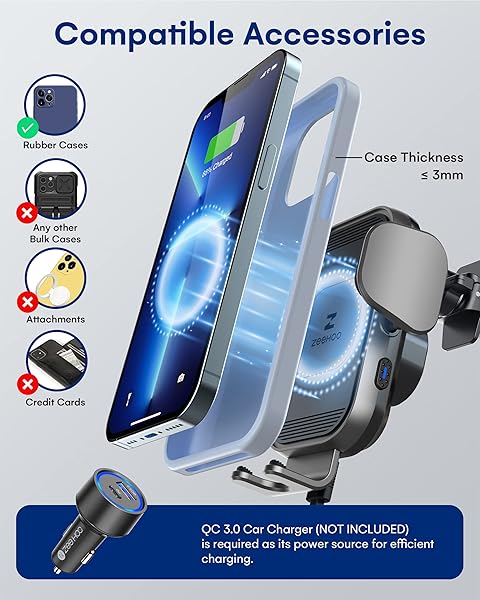 ZEEHOO ZEEHOO Wireless Car Charger 15W Fast Charging Auto Clamping Phone Mount for iPhone 15 14 13 12 11 Pro Max Samsung Galaxy S23 S22 Grey - View 6 of 7