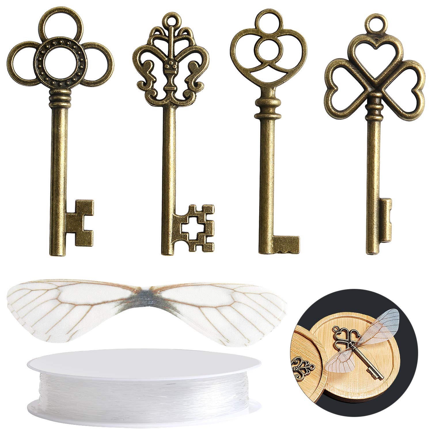 SANNIX 30 PCS Vintage Skeleton Keys & Dragonfly Wings for DIY Jewelry, Wedding Favors & Room Decor